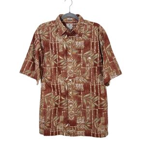 Luau Brown Hawaiian Print Short Sleeve Button Down Shirt Size Medium